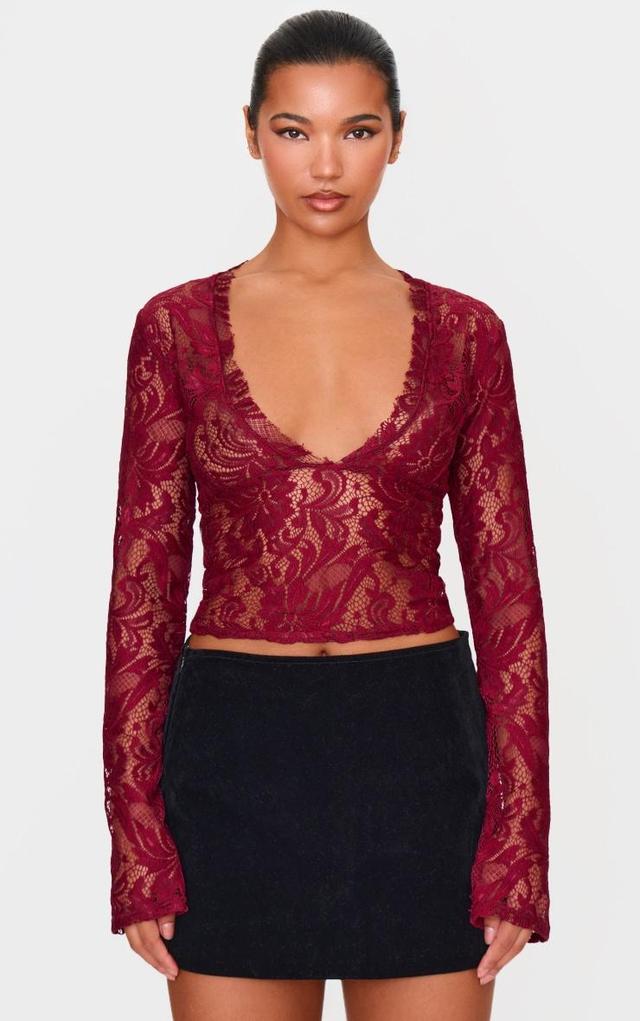 Burgundy Lace Plunge Flared Sleeve Long Top Product Image