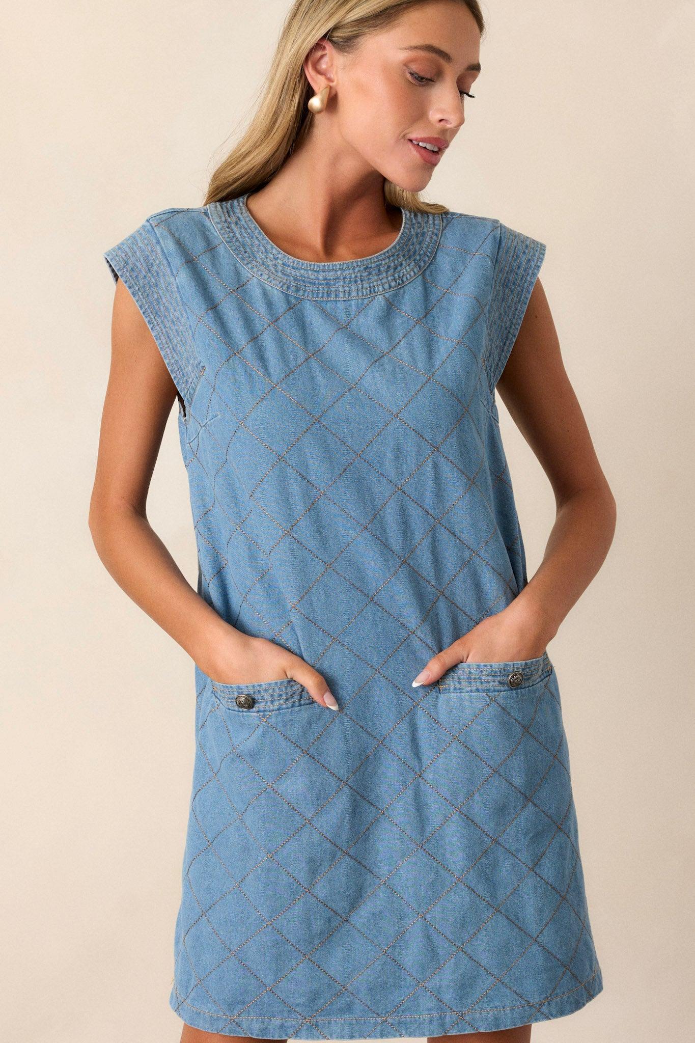 Just Wondering Light Chambray Quilted Mini Dress Product Image