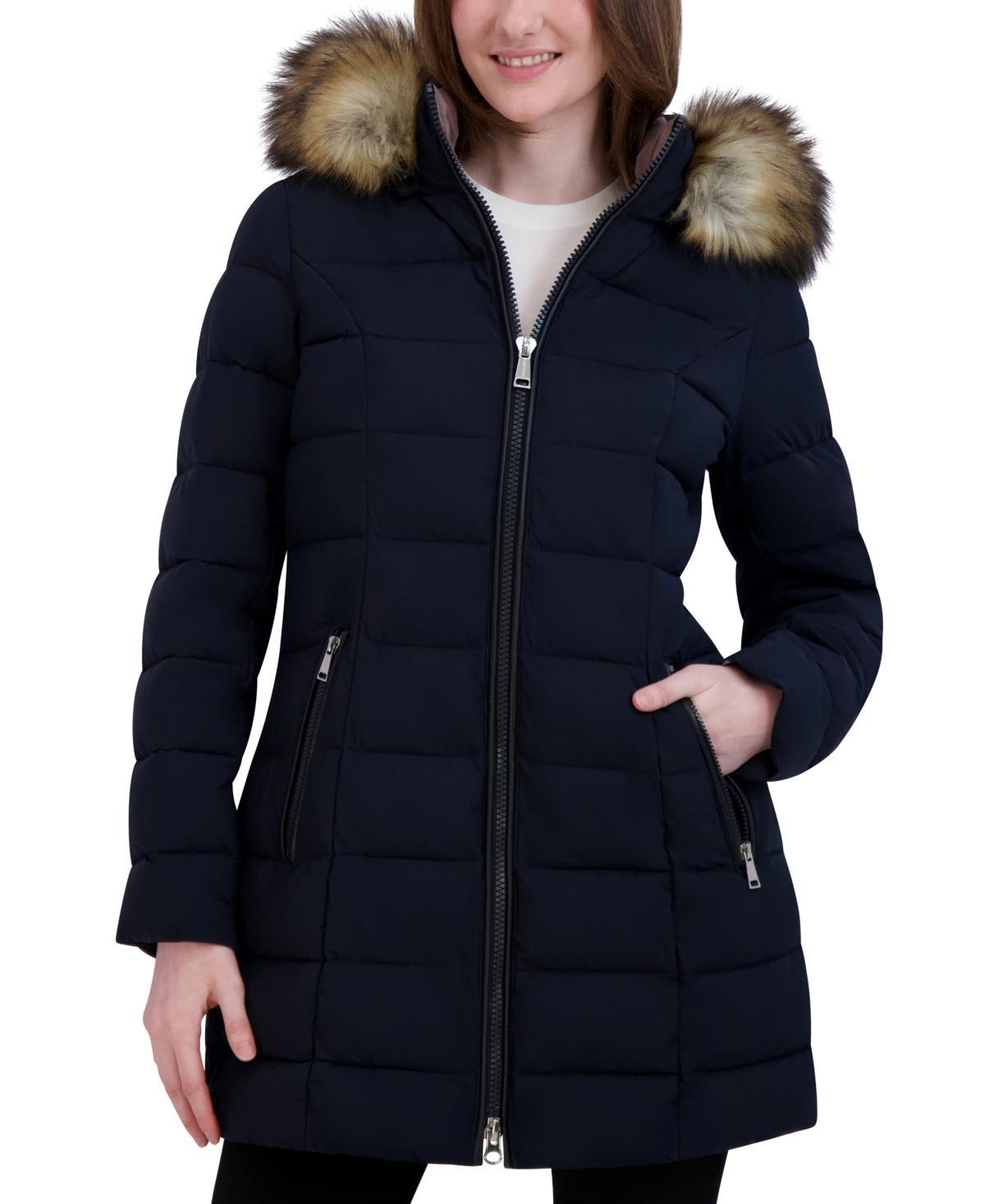 Laundry by Shelli Segal Womens Stretch Faux-Fur Trim Hooded Puffer Coat Product Image