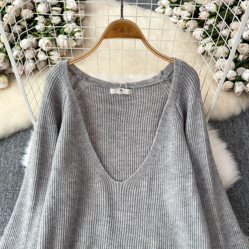 V-Neck Plain Sweater Product Image