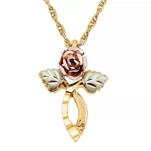 Black Hills Gold Tri-Tone Rose Cross Pendant Necklace, Womens 10k Gold Product Image