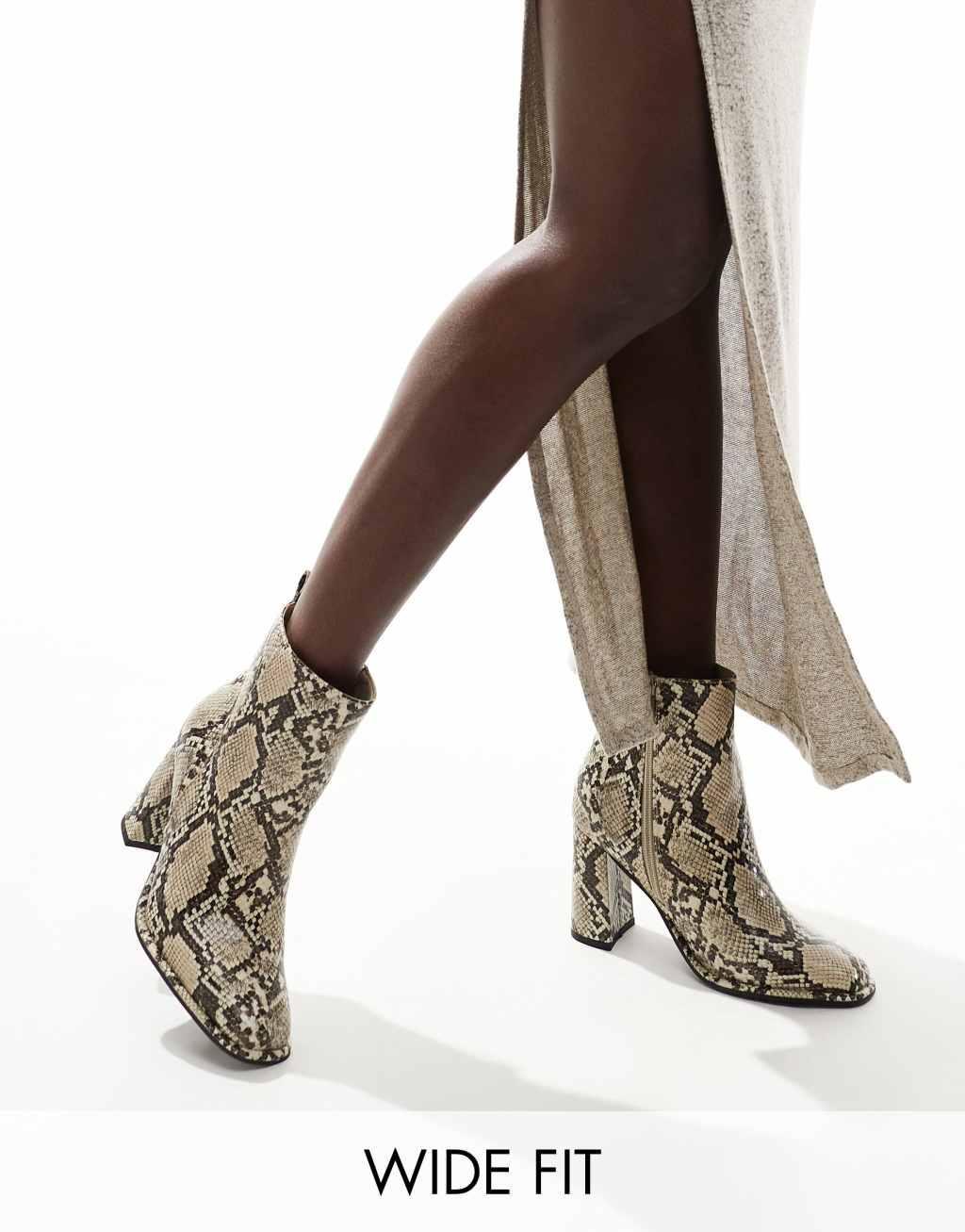 London Rebel Maddie wide fit block heel ankle boots in snake  Product Image