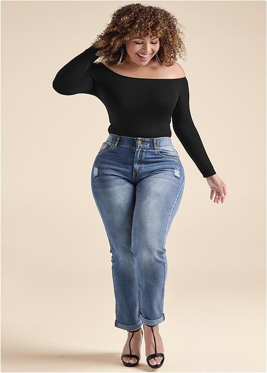 Elastic Waistband Cuffed Jeans Product Image