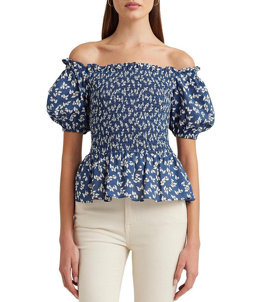 Lauren Ralph Lauren Floral Cotton Voile Puff Sleeve Peplum Blouse Product Image