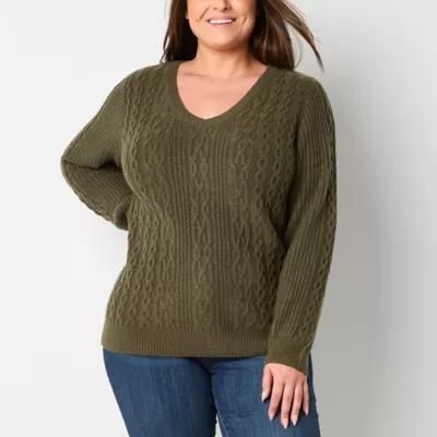 St. John's Bay Plus Womens V Neck Long Sleeve Cable Knit Pullover Sweater Product Image