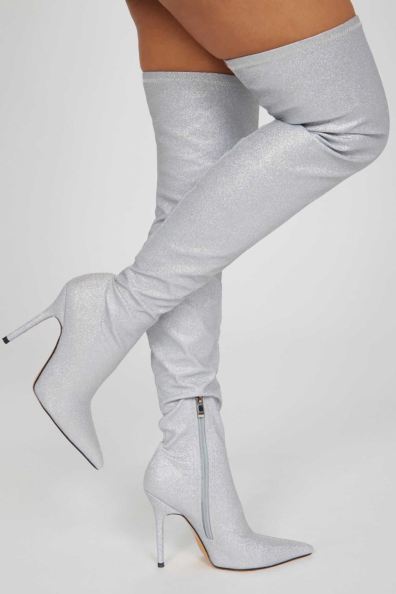 All That Sparkle Over The Knee Boots  - Silver Product Image