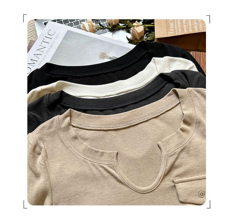 Long-Sleeve Notch Neck Plain Pocket Detail Tee Product Image