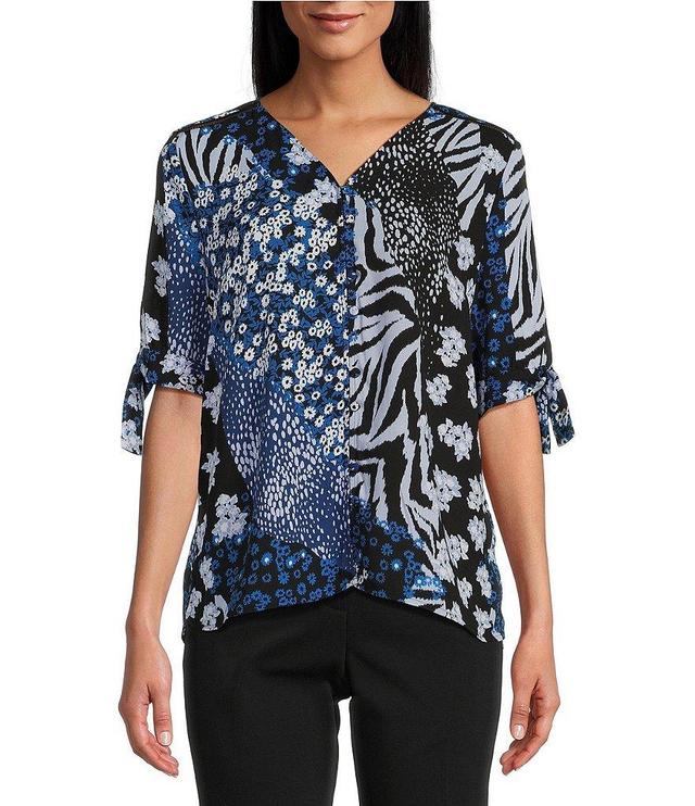 Investments Floral Patchwork Print Woven V-Neck 3/4 Tie Sleeve Top Product Image