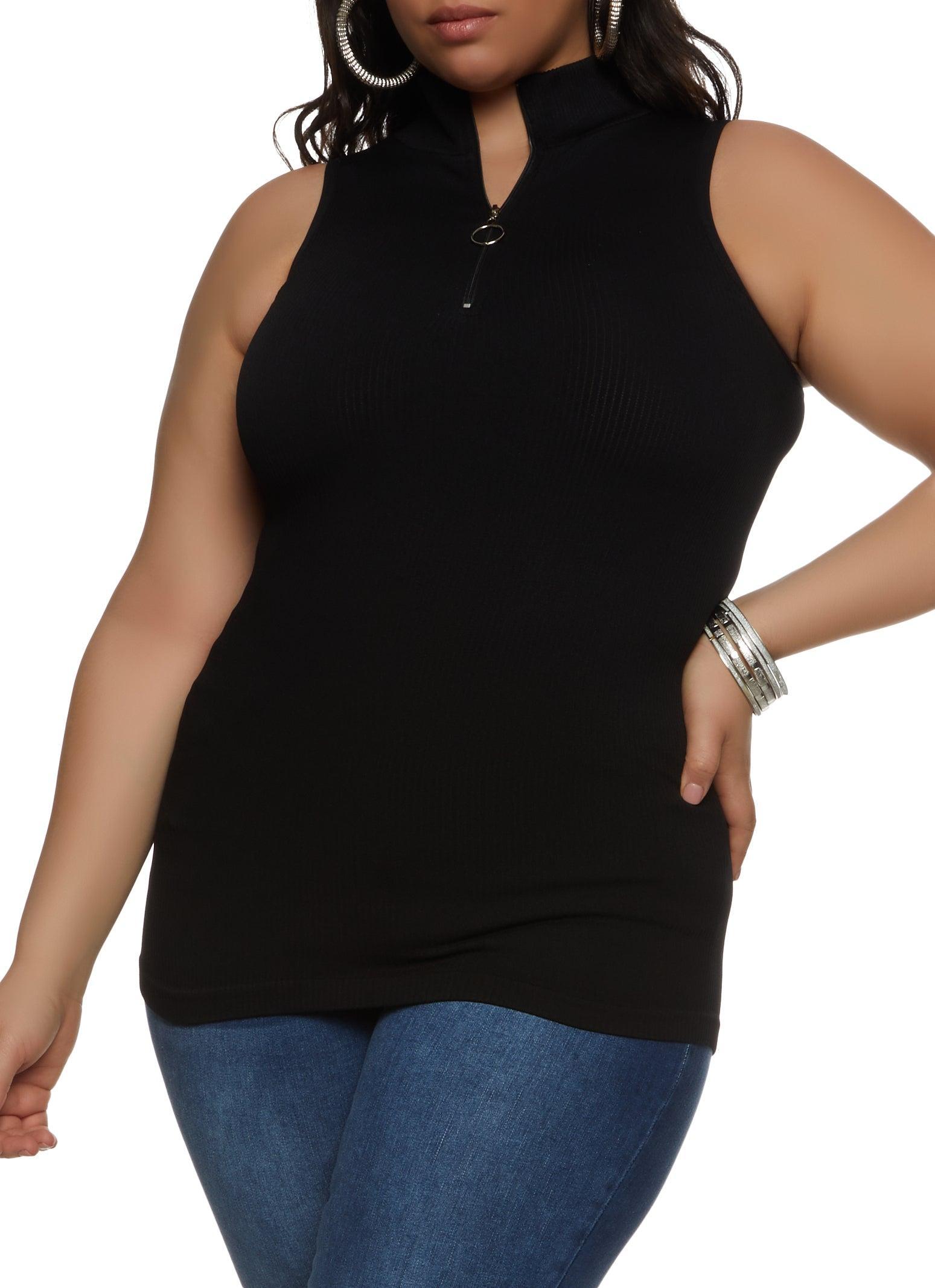 Womens Plus Size Ribbed Sleeveless Zip Neck Top Product Image