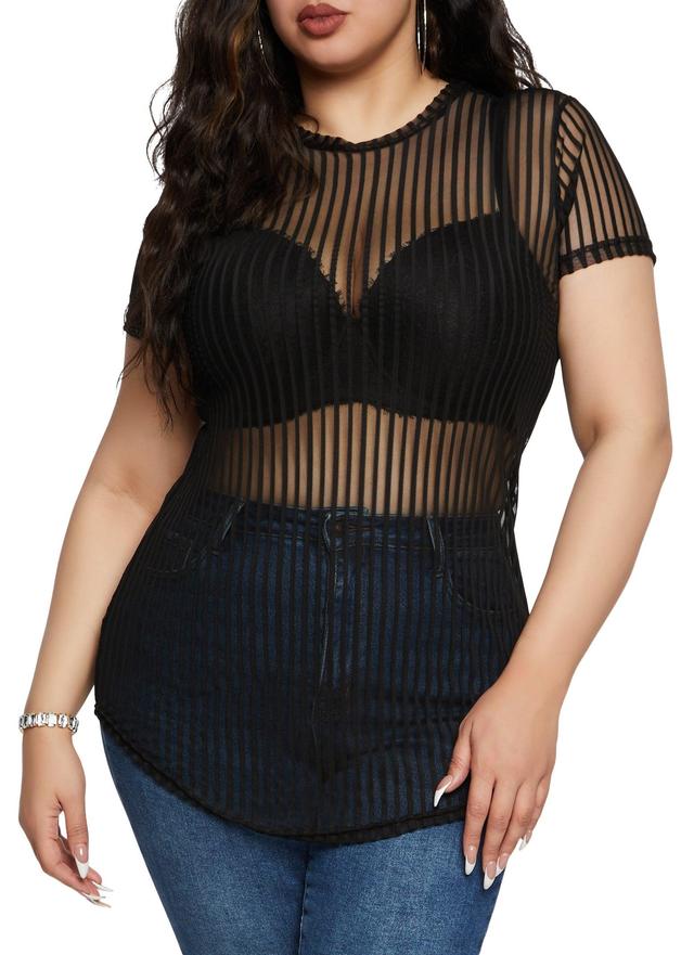 Womens Plus Size Shadow Stripe Mesh Tunic Tee Product Image