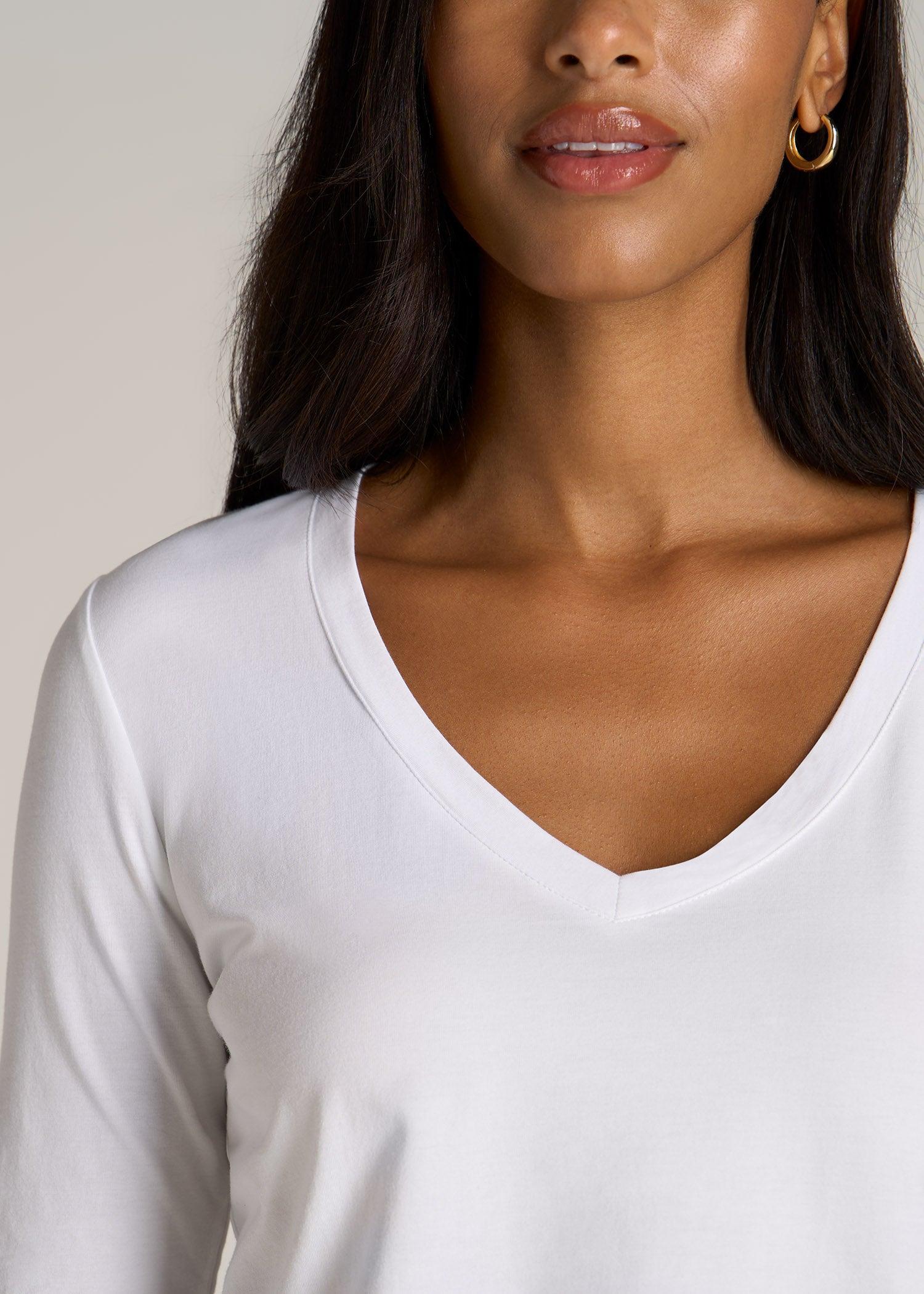 Long Sleeve Scoop V-Neck Tee Shirt for Tall Women in White Female Product Image