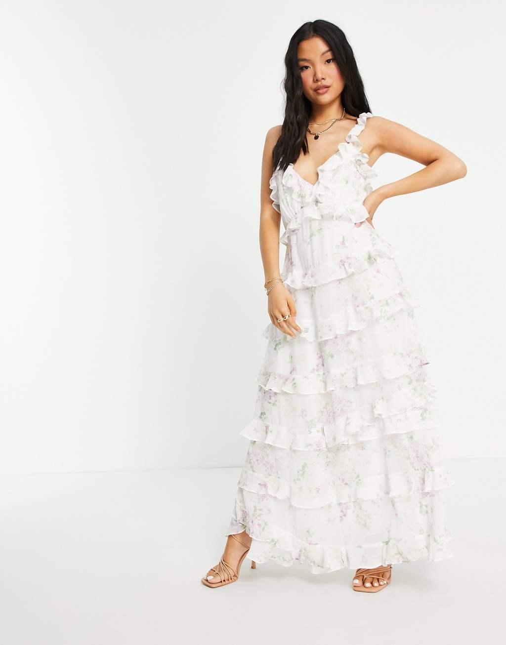 Ever New Petite ruffle waterfall midi dress in soft botanic print Product Image