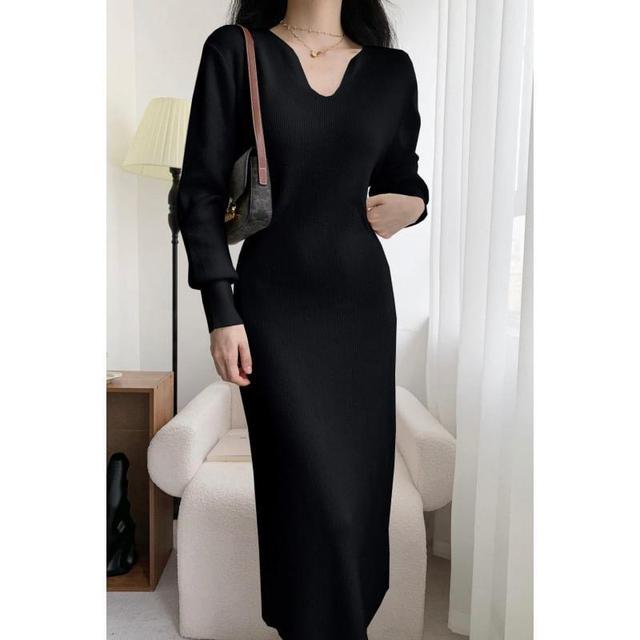 Long-Sleeve V-Neck Plain Ribbed Midi Sheath Knit Dress Product Image