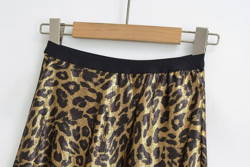 Low Waist Leopard Print Midi A-Line Skirt Product Image