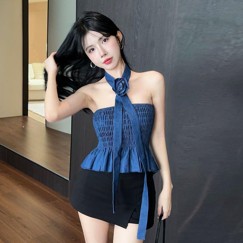 Strapless Ruffle Hem Denim Ruffle Crop Top Product Image