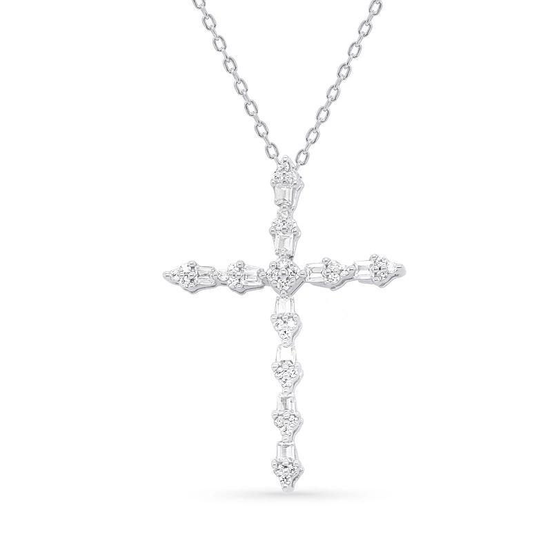 Silver Tone 1/4 Carat T.W. Round & Baguette Diamond Cross Pendant Necklace, Womens Sterling Product Image