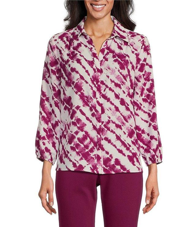 Investments Woven Tie Dye Batik Print Point Collar 3/4 Sleeve Button Front Top Product Image