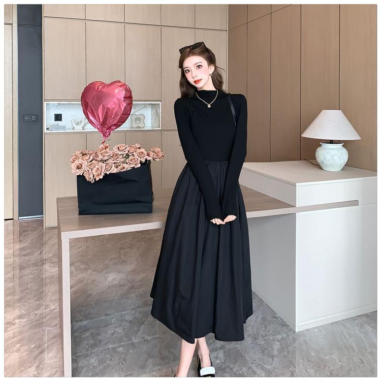 Long Sleeve Mock Neck Plain Gathered Panel Midi A-Line Dress Product Image