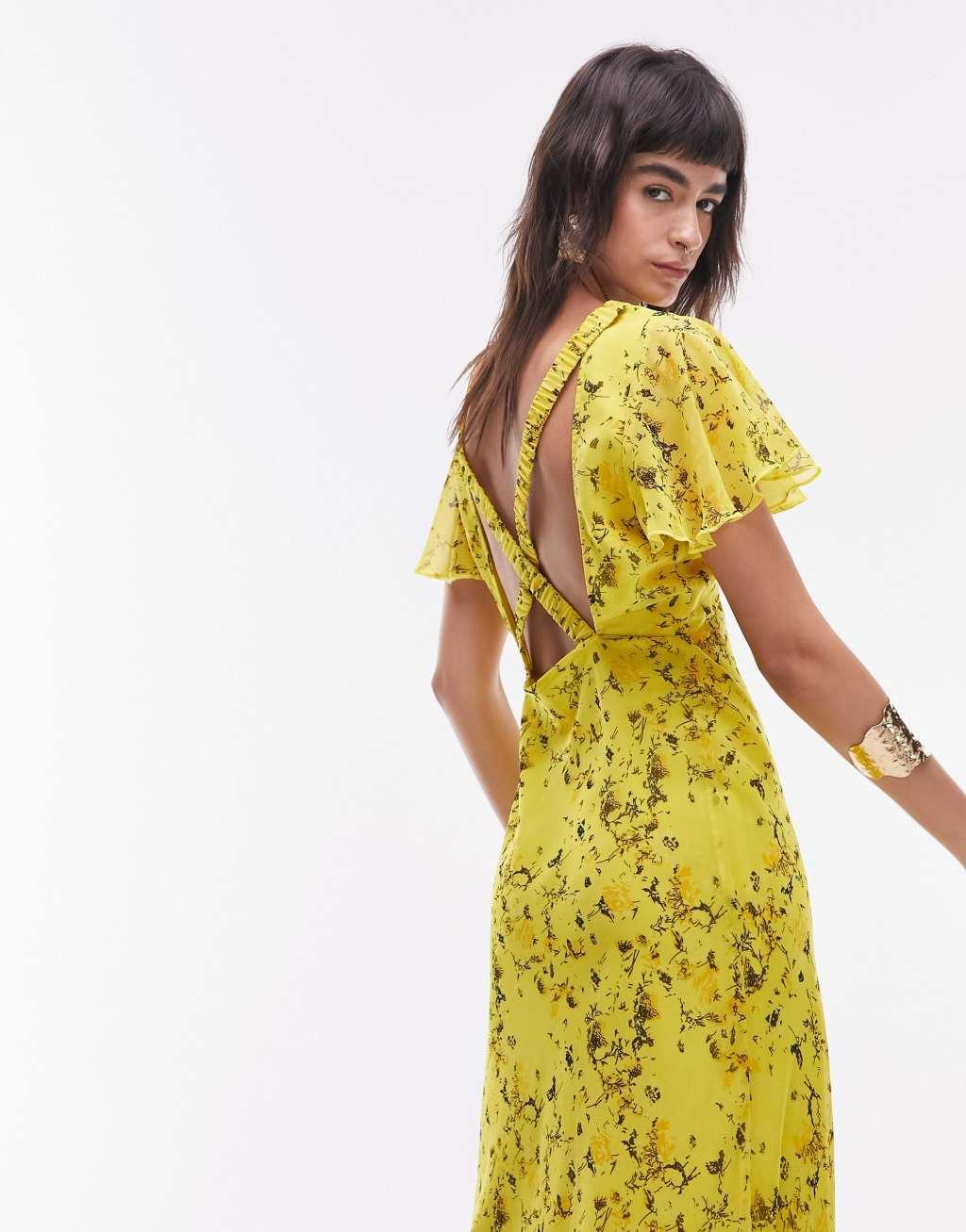  Topshop occasion flutter sleeve maxi dress with back detail in yellow print Product Image