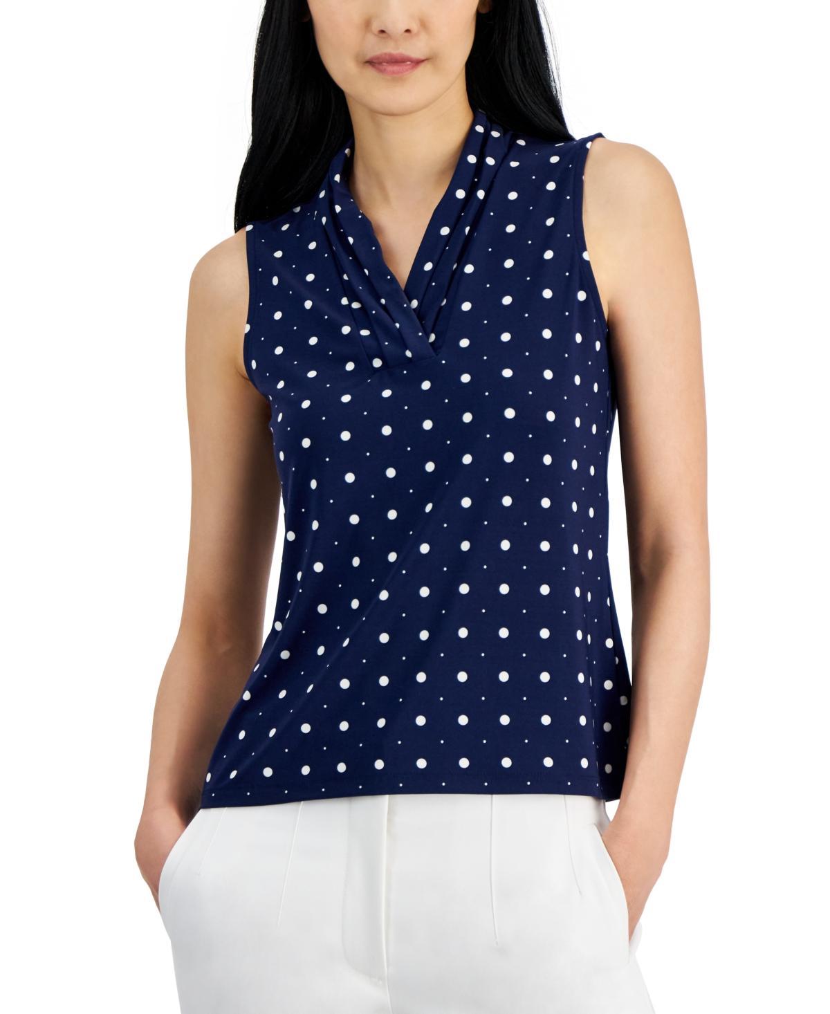 Anne Klein Womens Pleated-Neck Printed Sleeveless Top - Anne Black Product Image