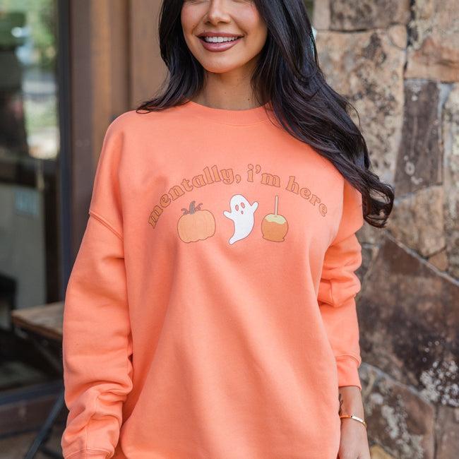 Mentally I'm Here Orange Oversized Graphic Sweatshirt Product Image