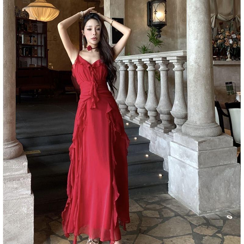 Spaghetti Strap V-Neck Plain Ruffle Trim Ruched Maxi A-Line Dress Product Image