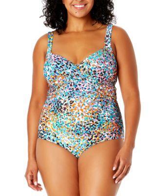 Plus Size Abstract-Print Draped-Front One-Piece Swimsuit Product Image