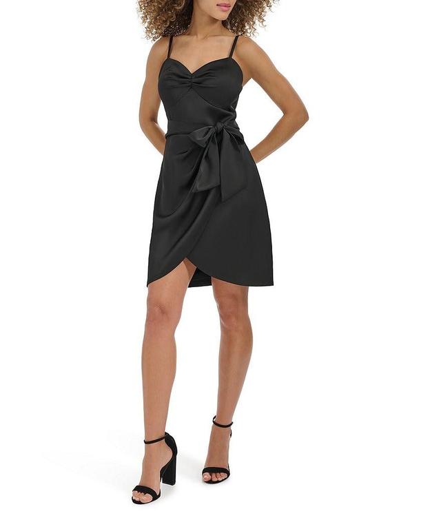 SIENA Matte Satin Sweetheart Neck Sleeveless Tie Waist Faux Wrap Mini Dress Product Image