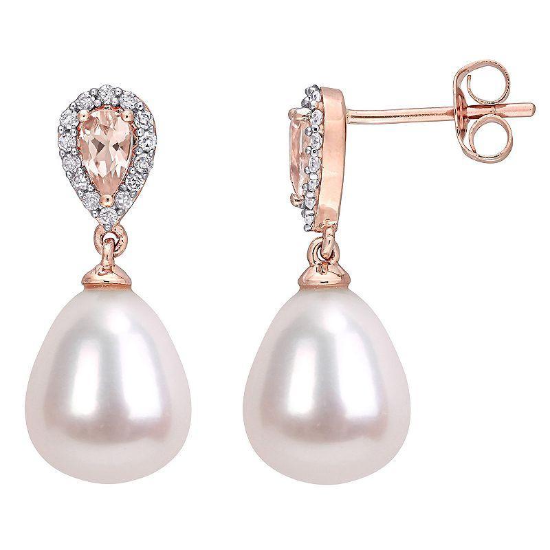 Stella Grace 10k Rose Gold 1/8 Carat T.W. Diamond, Morganite & Freshwater Cultured Pearl Drop Earrings, Womens Product Image