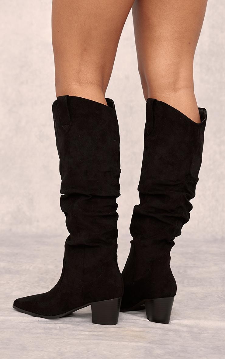 Black Faux Suede Point Toe Ruched Knee High Heeled Western Boots Product Image