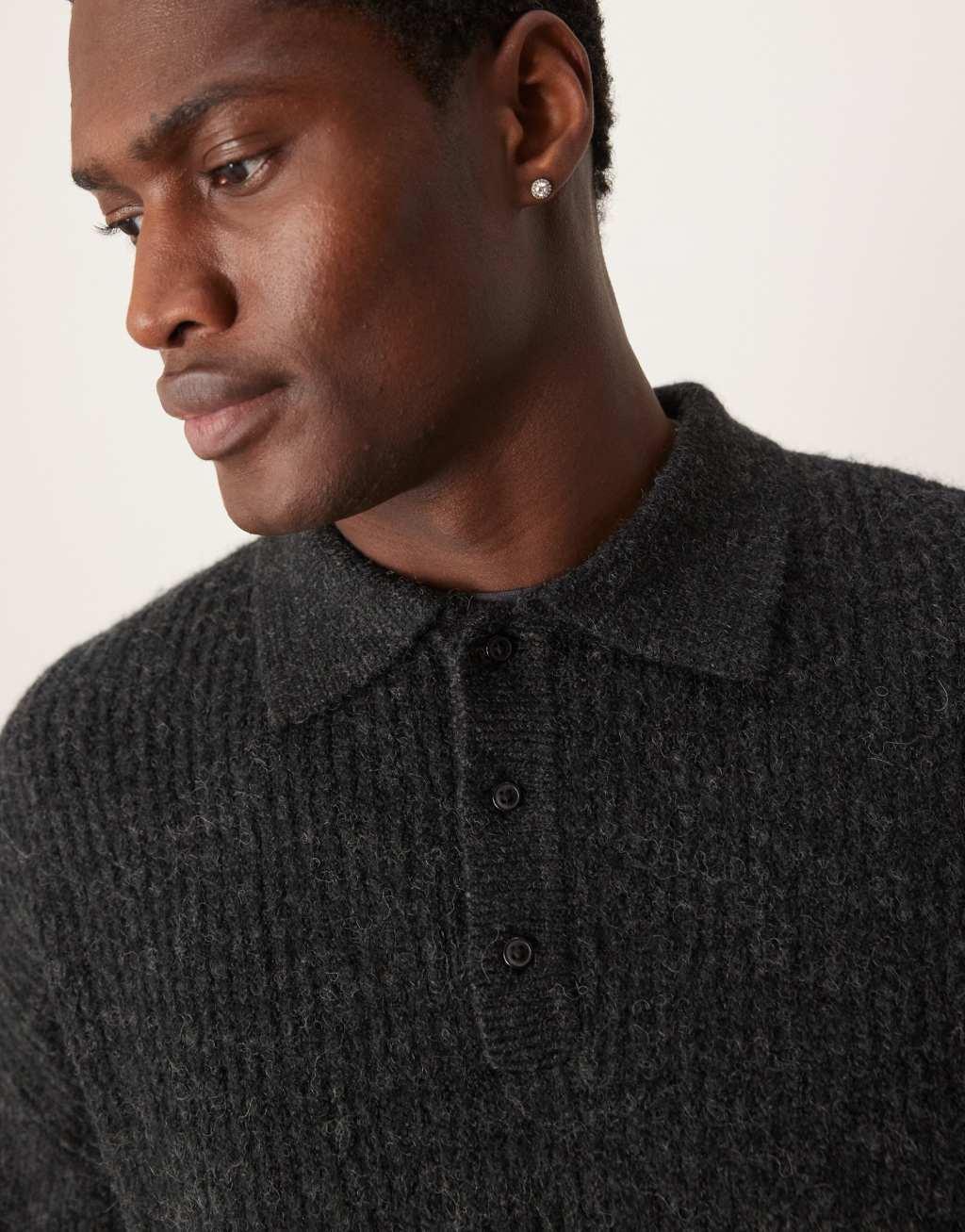 ASOS DESIGN relaxed boxy fit ribbed polo sweater in charcoal gray Product Image