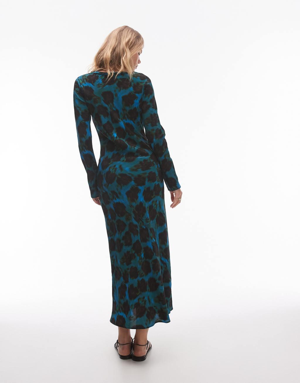 Topshop long sleeve slash neck maxi dress in blurred blue print Product Image