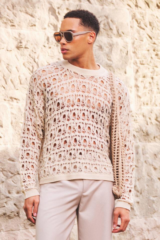 Mens Cream Oversized Boxy Drop Shoulder Open Knit Jumper In Ecru, Cream Product Image