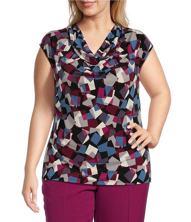 Kasper Plus Size Geometric Print Cowl Neck Cap Sleeve Fitted Knit Top Product Image