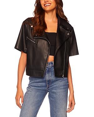 Womens Short-Sleeve Faux Leather Moto Jacket Product Image