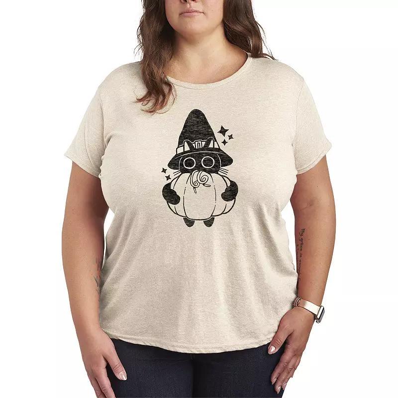 Plus Size Witch Cat With Pumpkin Graphic Tee, Womens Grey Dark Red Product Image