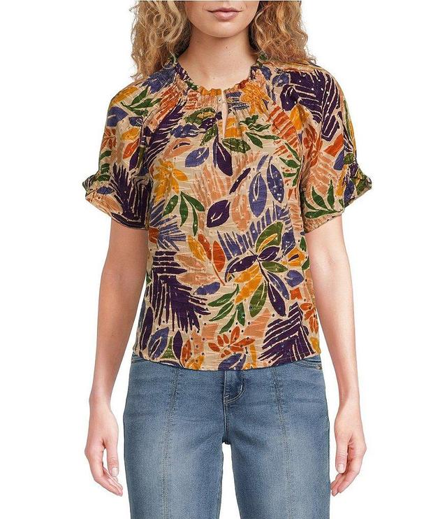 Democracy Embroidered Floral Palm Leaf Print Split Round Smock Neck Short Sleeve Woven Top Product Image