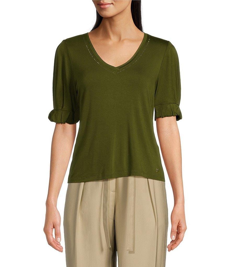 DKNY Short Sleeve Gem Embellished V-Neck Top Product Image