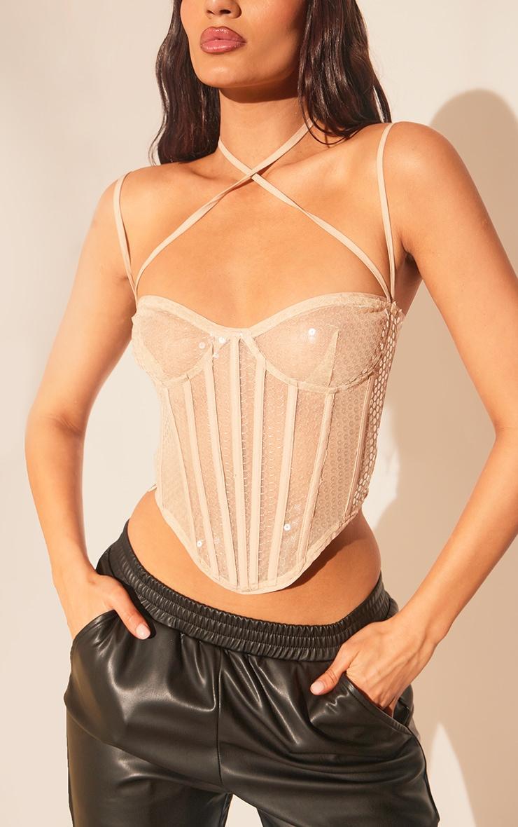 Nude Sequin Sheer Boned Corset Product Image