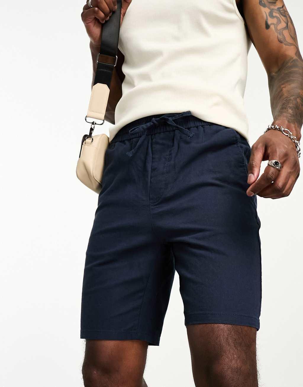 Only & Sons linen mix elasticated waist shorts in navy product image