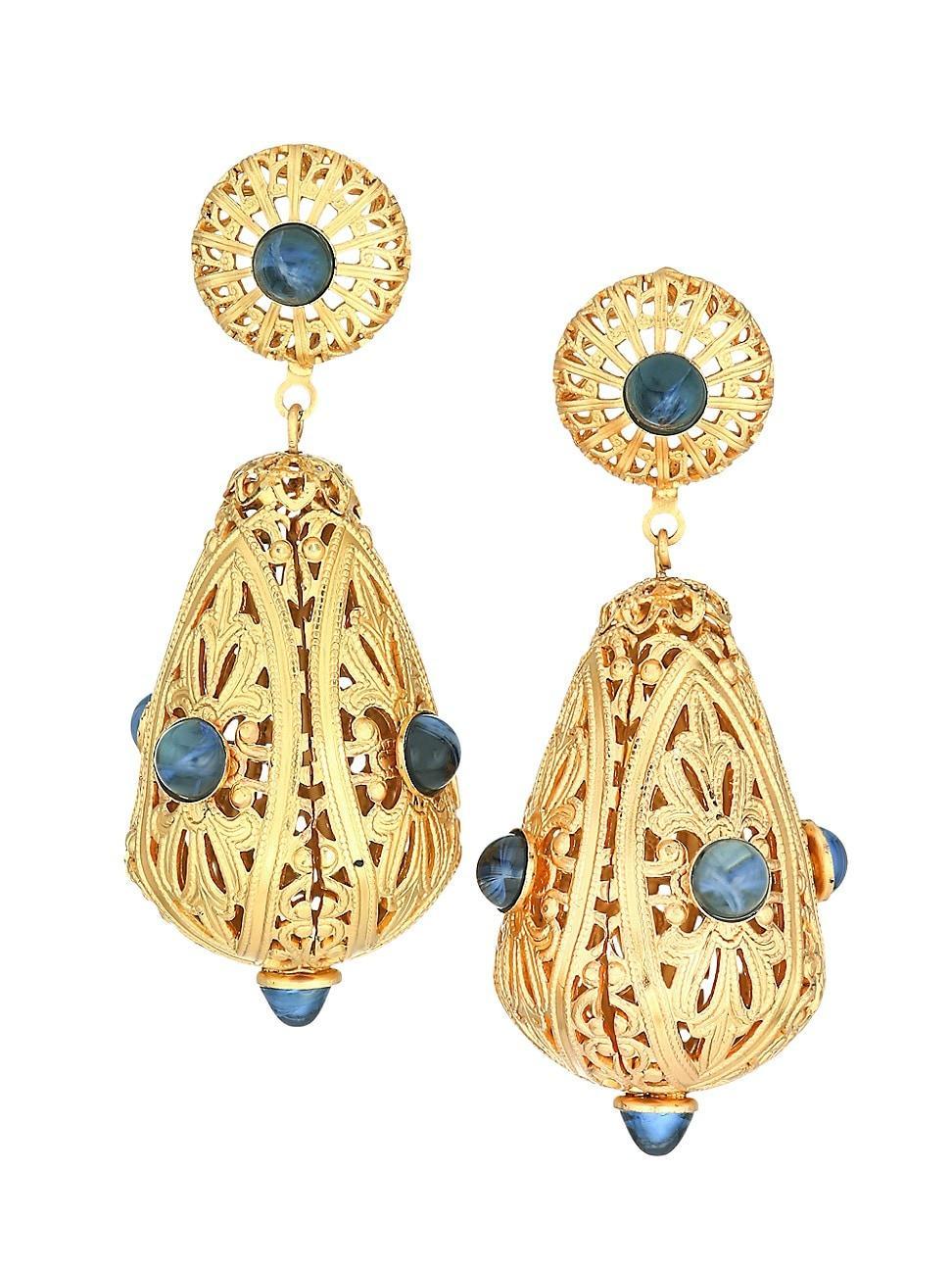 Womens Goldplated & Sapphire-Color Cabochon Filigree Drop Earrings Product Image