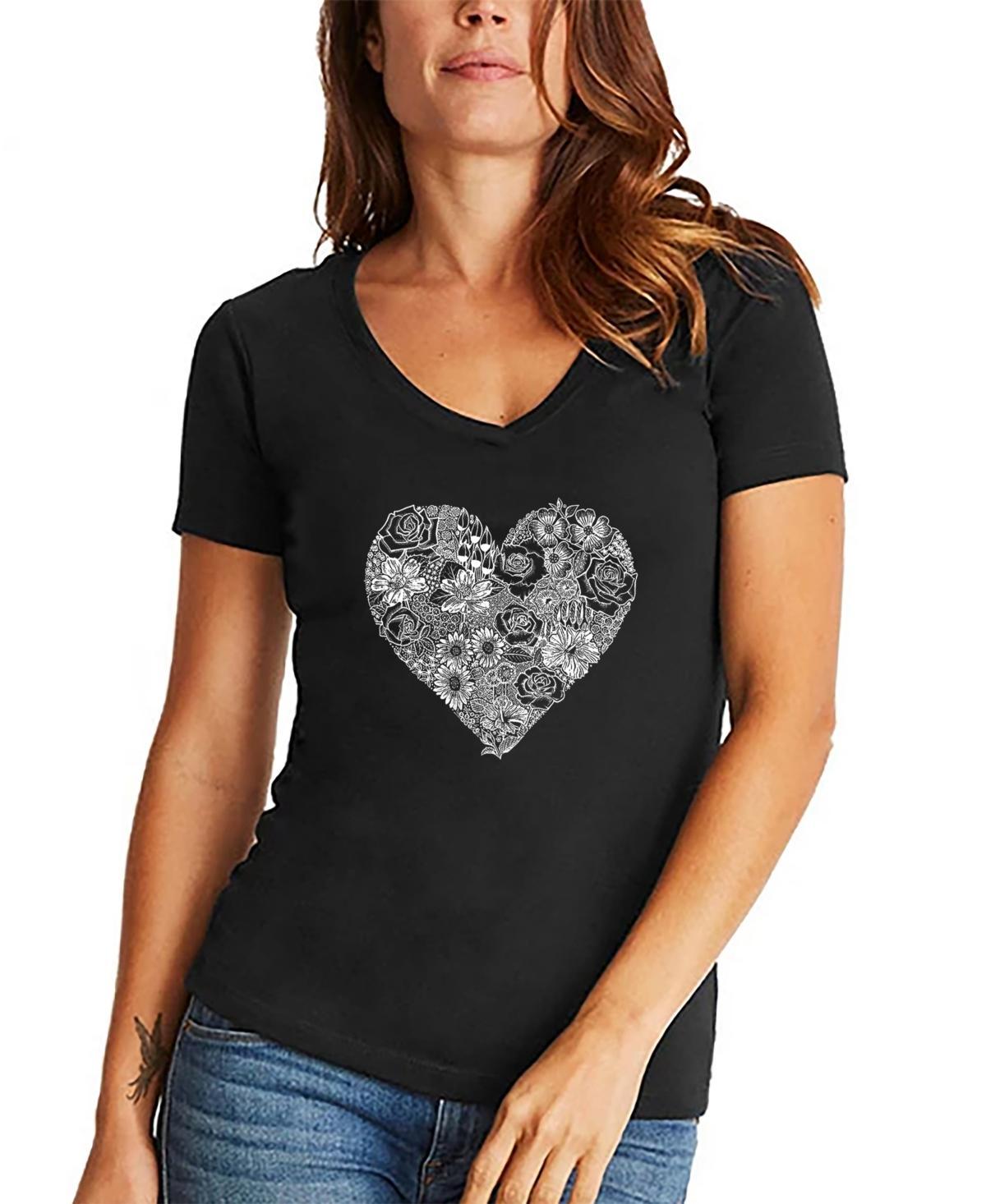 La Pop Art Womens Heart Flowers Word Art V-Neck T-shirt Product Image