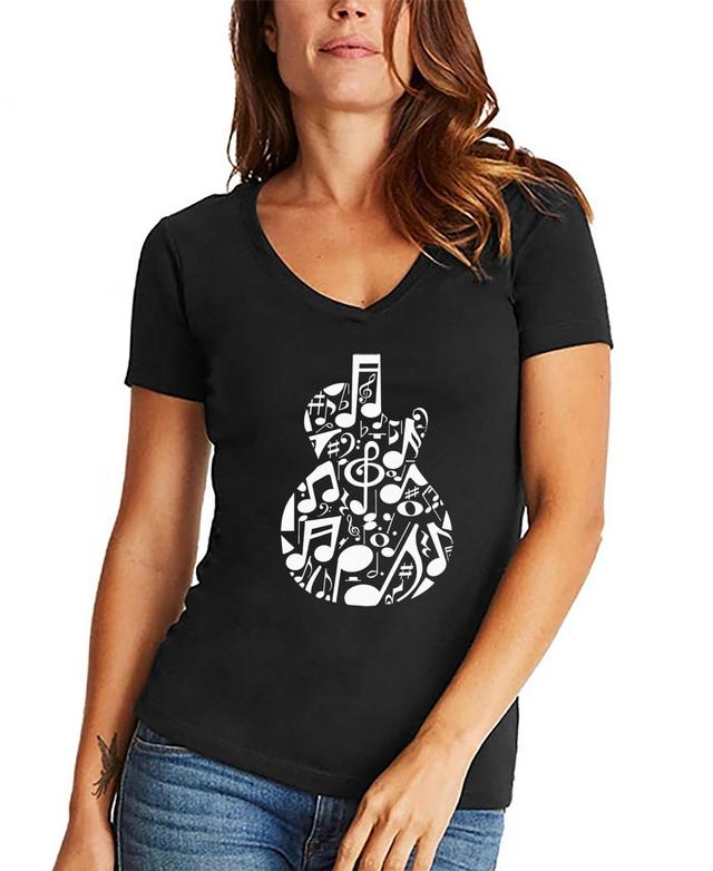 La Pop Art Womens Music Notes Guitar Word Art V-neck T-shirt Product Image