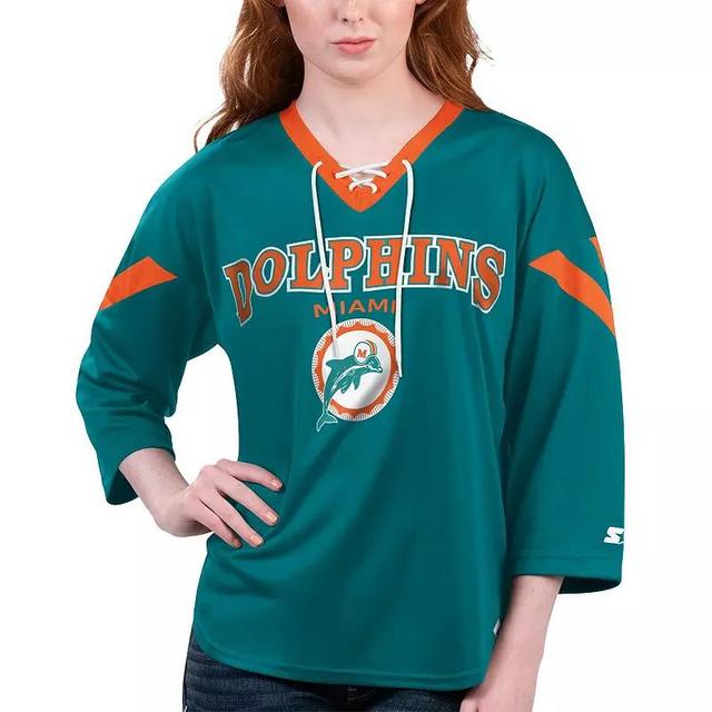 Womens Starter Aqua Miami Dolphins Rally Lace-Up 3/4 Sleeve T-Shirt Turquoise A Product Image