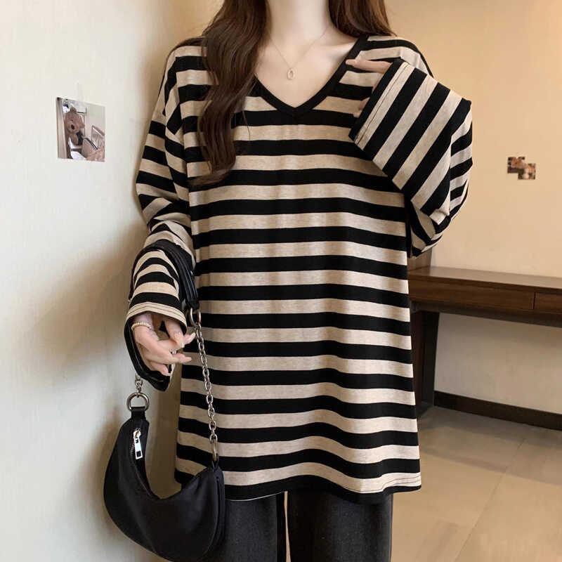 Long-Sleeve V-Neck Striped Tee Product Image