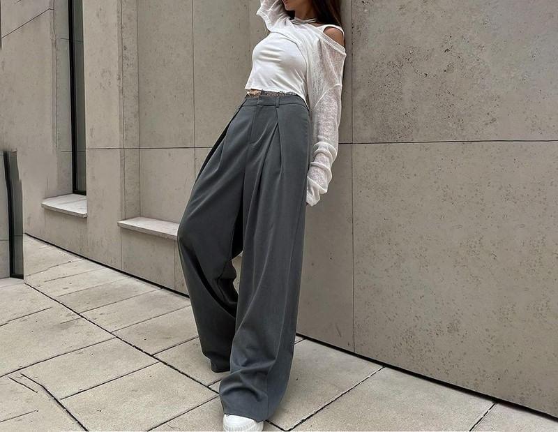 High Rise Plain Wide Leg Dress Pants Product Image