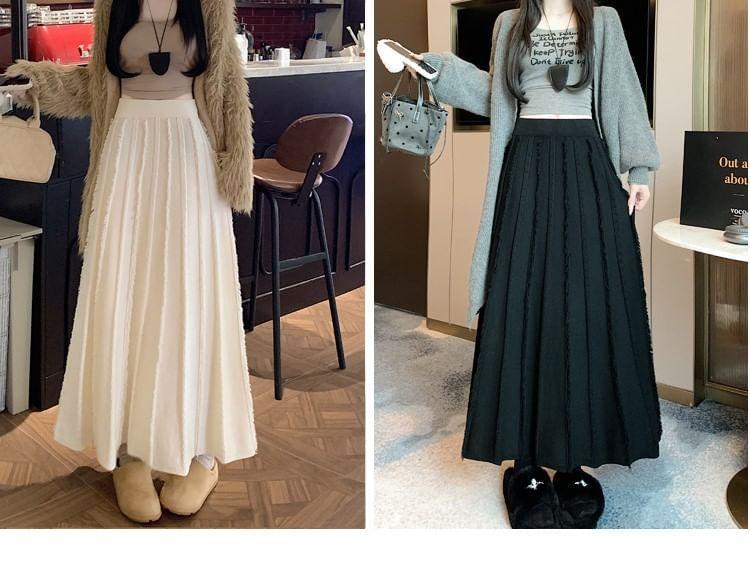 Elastic Waist Plain Fringed Pleated Midi A-Line Knit Skirt Product Image