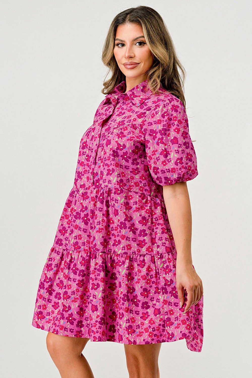 Ballon sleeve collar and button front A-Line midi dress with poplin floral product image