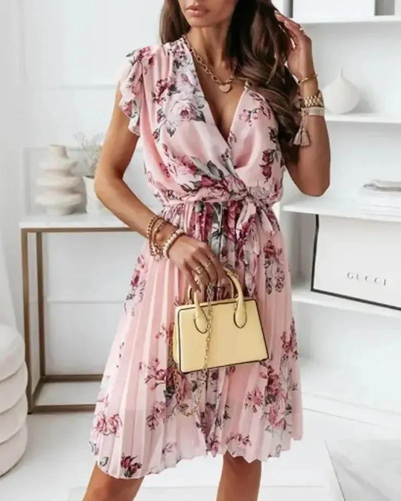 Olivia Mark – Belted Floral Print Pleated Wrap Dress Product Image