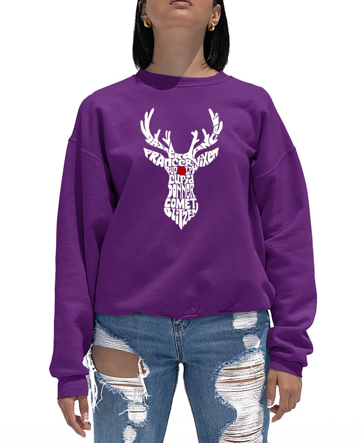 La Pop Art Womens Santas Reindeer Word Art Crew Neck Sweatshirt Product Image